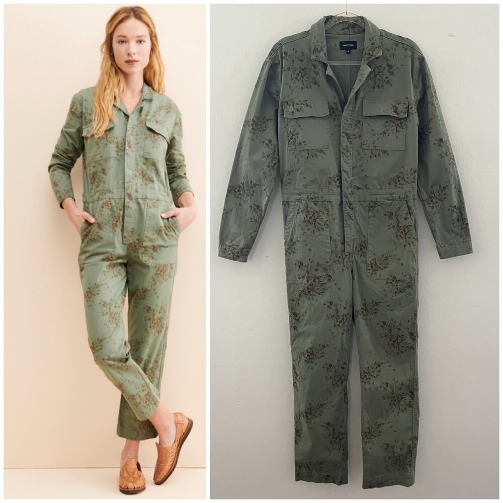 Driftwood Carley Denim Jumpsuit Utility Coveralls in Army Green Floral Small